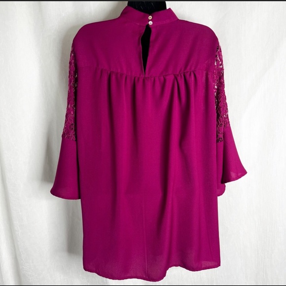 Suzanne Betro / Magenta Lace Trim Mock Neck Trumpet Sleeve Blouse - Picture 4 of 5
